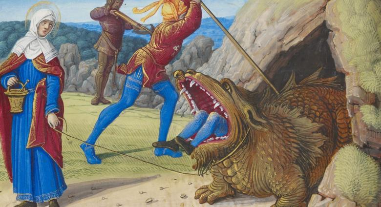 Taming the Tarasque, from Hours of Henry VIII (detail), c. 1500.