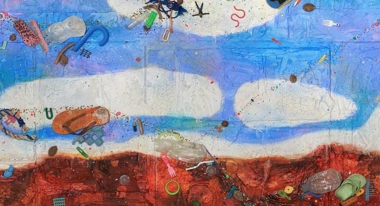 Ashley Bickerton, Round Cloud, 2020. textured, cracking canvas sprinkled with beach debris