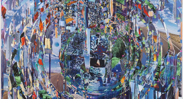 Sarah Sze abstract collaged painting in swirling blues