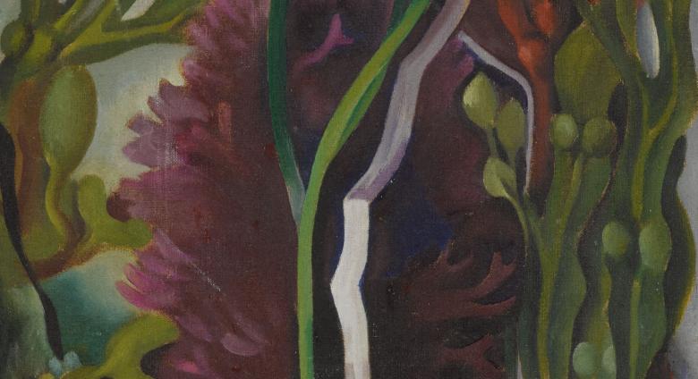 Georgia O’Keeffe’s small, square oil on canvas titled Seaweed, organic forms in purple and green with white streak up the middle
