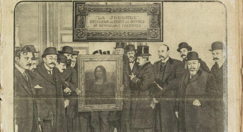 Mona Lisa is returned to Louvre newspaper clipping from 1914 showing men in top hats with the painting
