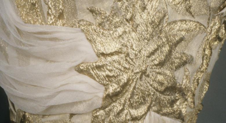 Gold brocade evening dress with beige silk chiffon scarf