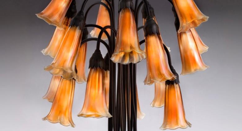 Tiffany Glass & Decorating Company, Eighteen-light Lily Table Lamp, prior to 1902, bronze, blown glass.