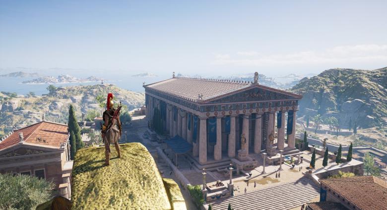 Image of Assassin’s Creed: Odyssey’s reconstruction of the Athenian Akropolis ca. 431-422 BCE. The famous Parthenon is visible, as well as the ancient Athenian landscape beyond it. 