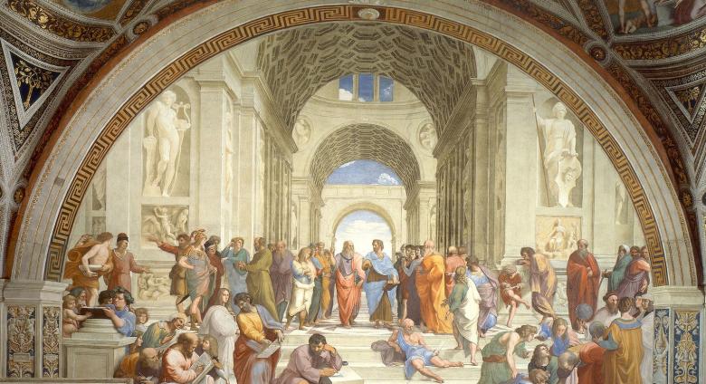 The School of Athens, this fresco will be featured again with more detail for screen-readers later in this slideshow
