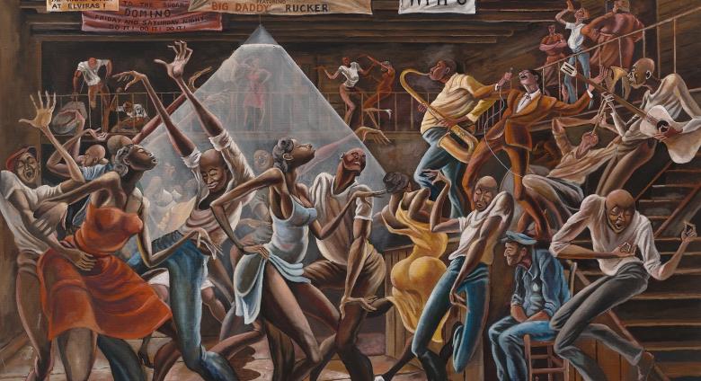 The Sugar Shack, 1976. Ernie Barnes (American: 1938-2009). Acrylic on canvas, 36 x 48 in. On loan from the Collection of William O. Perkins, III and Lara Perkins.