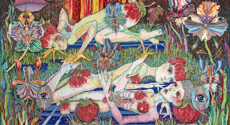 DEl Kathryn Barton [Australian b. 1972] the more than human love , 2025 Acrylic on French linen 78 3/4 x 137 3/4 inches 200 x 350 cm Framed dimensions: 79 7/8 x 139 inches 203 x 353 cm