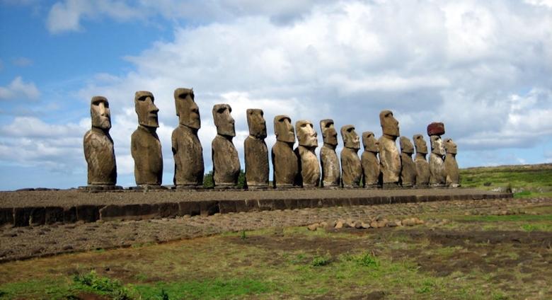 Ahu Tongariki on Easter Island. These moai were restored in the 1990's by a Japanese research team after a cyclone knocked them over in the 1960's.