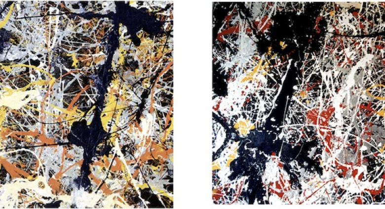 81 x 110 cm sections of the real (left) and replica (right) Jackson Pollock, Blue Poles: Number 11, 1952 (210 x 486.8 cm, National Gallery of Australia).