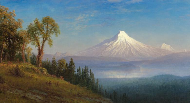 Albert Bierstadt oil landscape painting of Mount St. Helens, Columbia River, Oregon