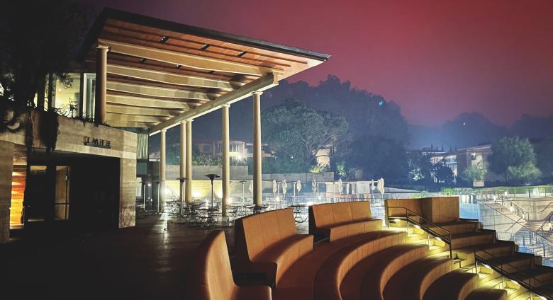 The Palisades fire at the Getty Villa’s Cafe. The museum’s buildings escaped damage but the landscape did not.