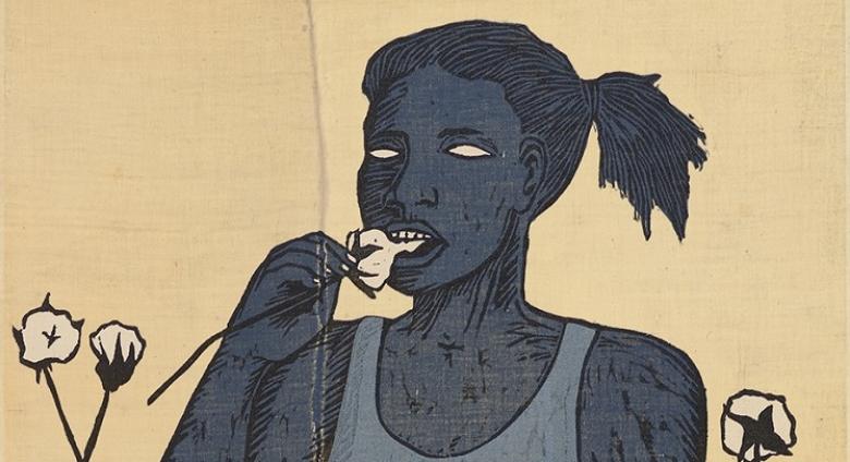  Alison Saar, detail of Cotton Eater, edition 1/6, 2014. Woodcut on found sugar sack quilt. 72 x 34 in.