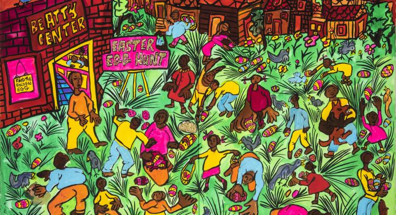 Aminah Brenda Lynn Robinson colorful painting of black children hunting for easter eggs