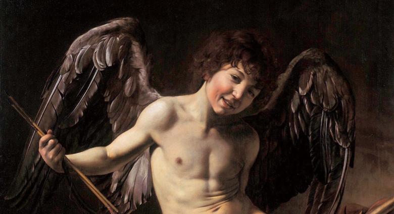 Caravaggio, Love Conquers All (Amor Vincit Omnia), 1601–1602. painting of cupid as a child with wings and an arrow
