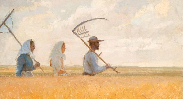 Anna Ancher painting of 3 figures walking in a wheat field holding scythes