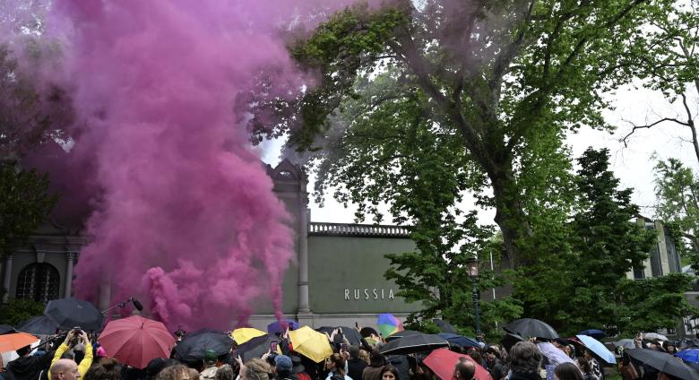 Pussy Riot and FEMEN protestors at the Russian pavilion at the 2026 Venice Biennale. License.
