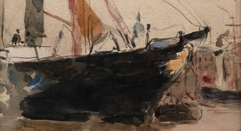 Berthe Morisot, Harbor Scene (Isle of Wight), 1880. watercolor painting of a ship