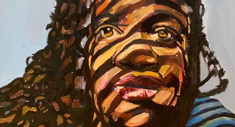 Beverly McIver painting of a black woman with striped shadows falling across her face