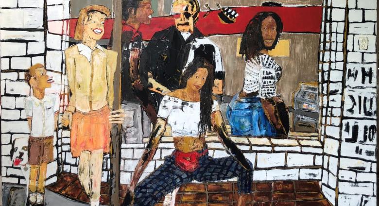 Brandon Landers painting of a group of people in front of a store window