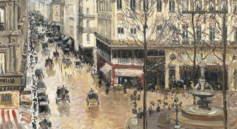Camille Pissarro painting of a Paris street in the rain