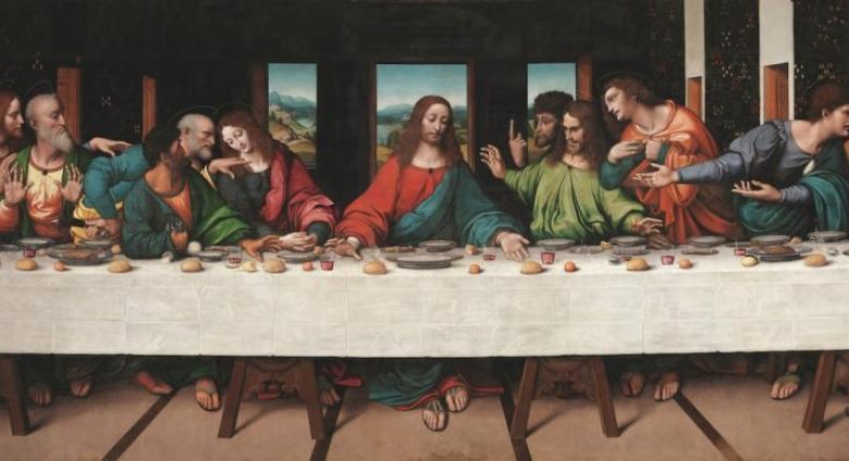 Leonardo da Vinci, The Last Supper, c. 1495–1498.     Tempera on gesso, pitch, and mastic. 181 × 346 in (460 × 880 cm). Santa Maria delle Grazie, Milan.