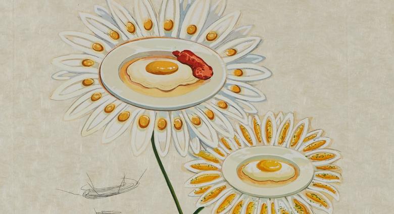 Salvador Dali print of surrealist flowers made of eggs and bacon