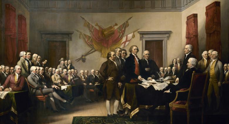 John Trumbull large-scale painting of the Declaration of Independence, showing a room full of older white men in black coats