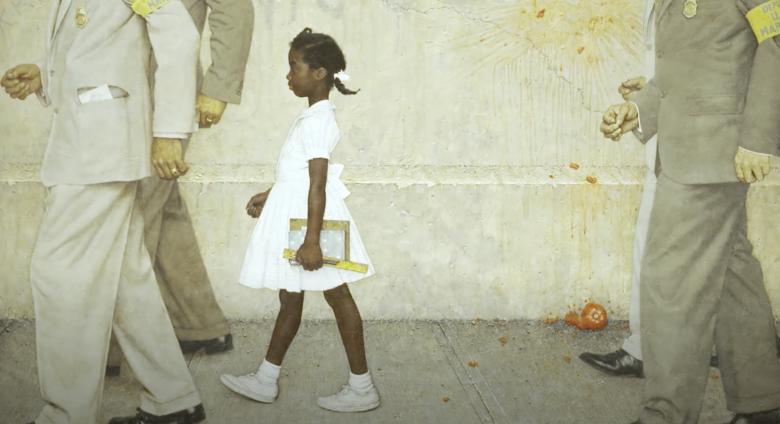 Normal Rockwell painting of black girl being walked to school by marshals while crowd throws rotten vegetables