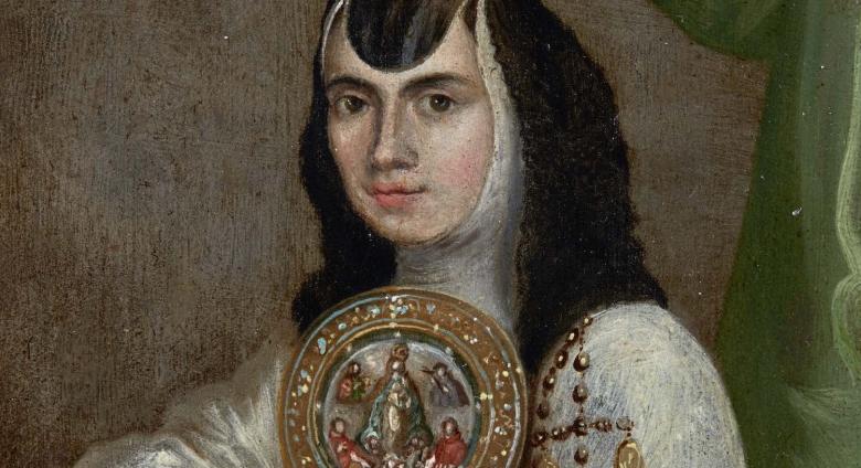 Detail of Portrait of Sor Juana Ines de la Cruz at the age of 25, Inscription in Latin: Ætatis sua 25.