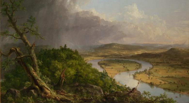 View of the painting described in this story. A knarled tree sits in the foreground of the left corner and a storm rages in the distance of this same half. 