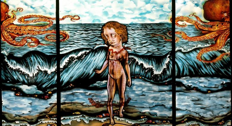 Judith Schaechter triptych stained glass with a nude woman in front of the sea at the center and orange octopi on either side of her