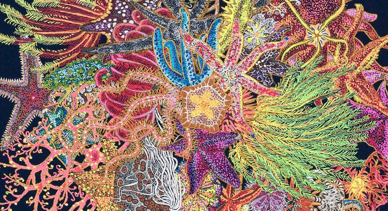 Sea life rendered on paper in such a manner that it almost appears embroidered. 