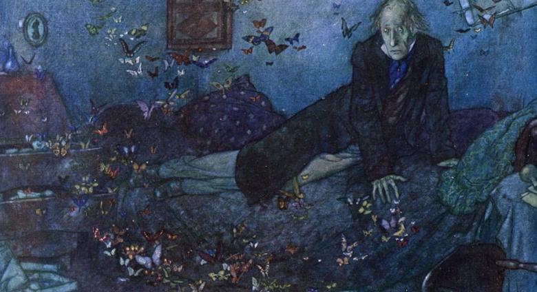 man in dark, blue, twilight room. Empty, open boxes are scattered throughout and butterflies are everywhere. 