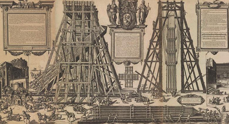 print showing the mechanics involved in moving a stone obelisk
