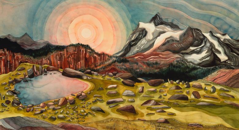 Lindsey Fox painting of a sun over mountains and a green landscape