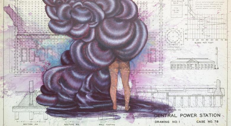 Firelei Báez painting onto top of an architectural drawing, showing a nude figure from behind, only the lower half of the their body visible, the top half is engulfed in billowing abstract black smoke