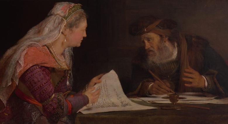 Aert de Gelder, Esther and Mordecai, circa 1685, oil on canvas, 23 1/2 × 56 1/2 in., Rhode Island School of Design Museum, Providence, Museum Appropriation Fund, 17.138