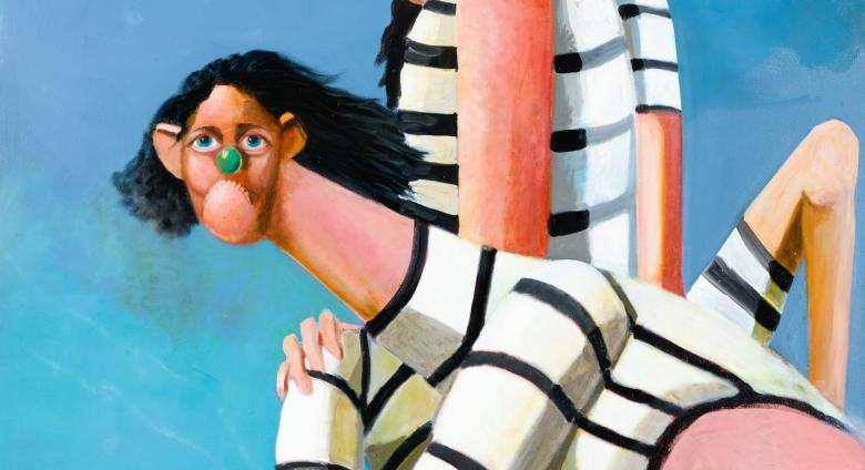 George Condo painting of two figures in stripped bathing suits