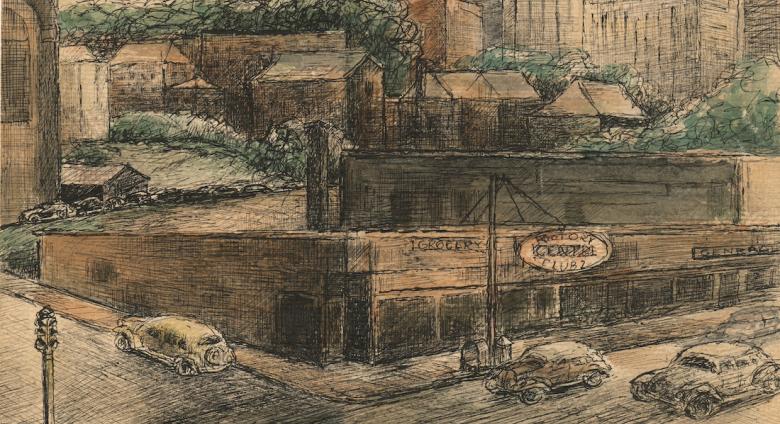 George Morrison, Native American, Grand Portage Chippewa, 1919–2000 Duluth Corner 1942 Pen and ink on paper 6 × 8 5/8 in. (15.2 × 21.9 cm)