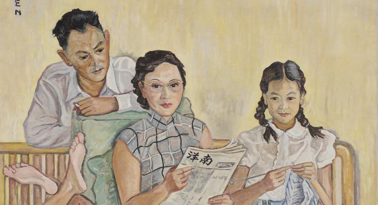Painting of jovial, relaxed family life arranged into a group portrait. Features pastel, happy colors. 