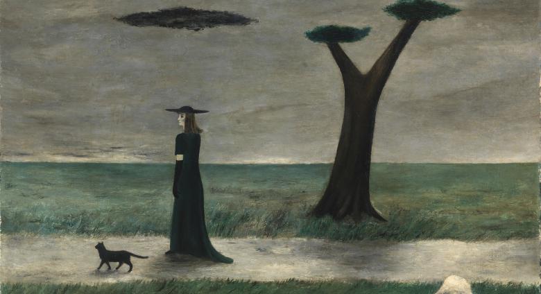 Gertrude Abercrombie surrealist painting of a woman in black walking a dog with black trees against a grey sky