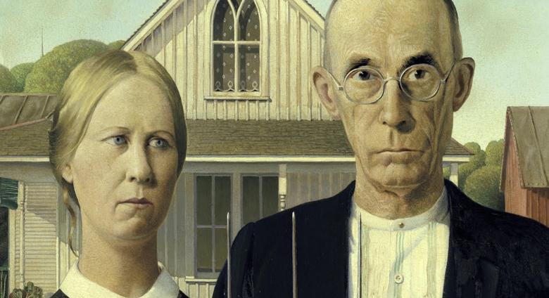 American gothic, close up of two figures described in story. 