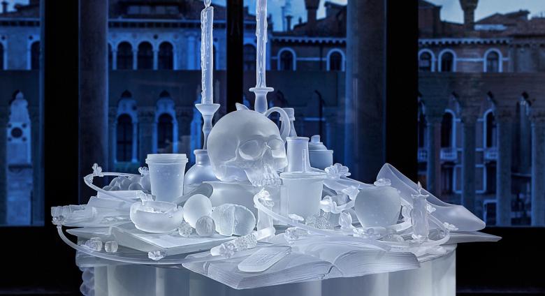 Hans Op de Beeck sculpture of many clear, frosted glass objects, including a skull and dishes