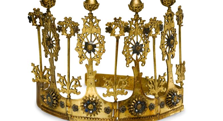 Crown, Western Europe, 15th century. Brass, brass-silver alloy, enamel, gilded.