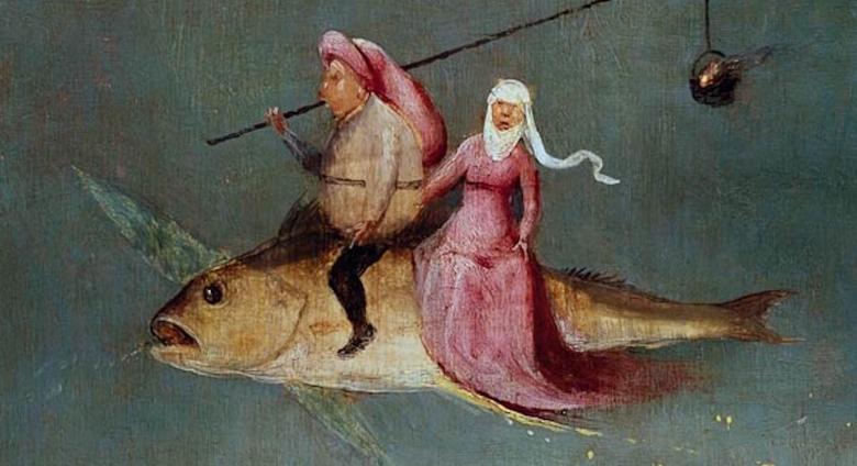 Hieronymus Bosch, detail from The Temptation of St. Anthony, c 1501. Oil on oak panels. 52 in × 90 in.  Museu Nacional de Arte Antiga.