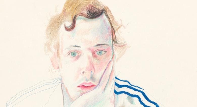 David Hockney drawing of a man wearing a track jacket with his chin resting in his palm