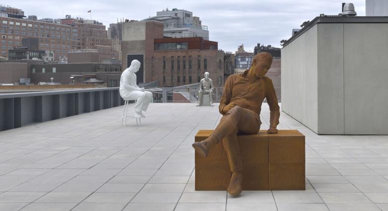 Installation View of Whitney Biennial 2022: Quiet as It's Kept featuring view of rooftop works by Charles Ray