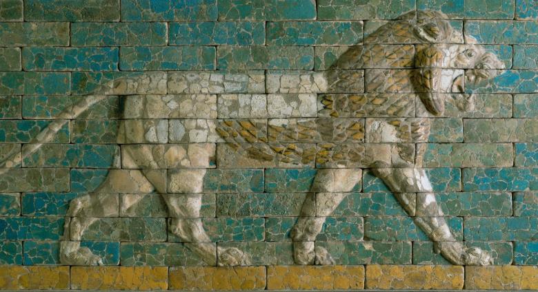 Reconstructed panel of bricks with a striding lion Neo-Babylonian Period; Processional Way, El-Kasr Mound, Babylon, Iraq. 