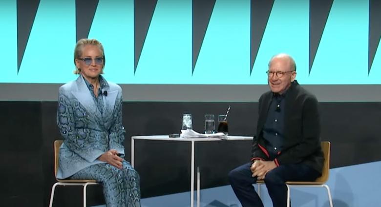 Jerry Saltz with Sharon Stone during their talk during the Vulture Festival in November 2023.
