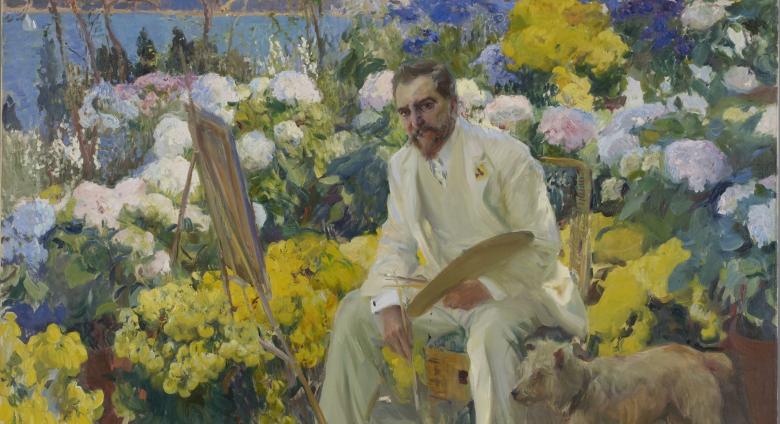 Joaquín Sorolla y Bastida painting of a man in all white seated at an easel amongst a flower bed with yellow and white blossoms